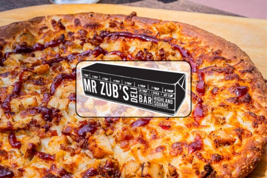 BBQ chicken pizza topped with pineapple and cheese at Mr. Zub’s Deli & Bar in Akron Ohio